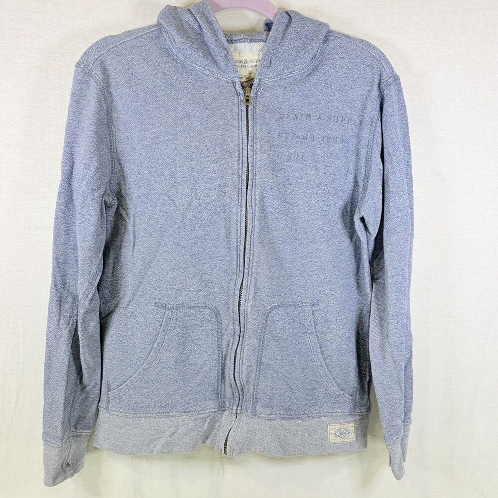 Ralph Lauren Hoodie Mens Small Blue Full Zip Denim & Supply Graphic Sweatshirt